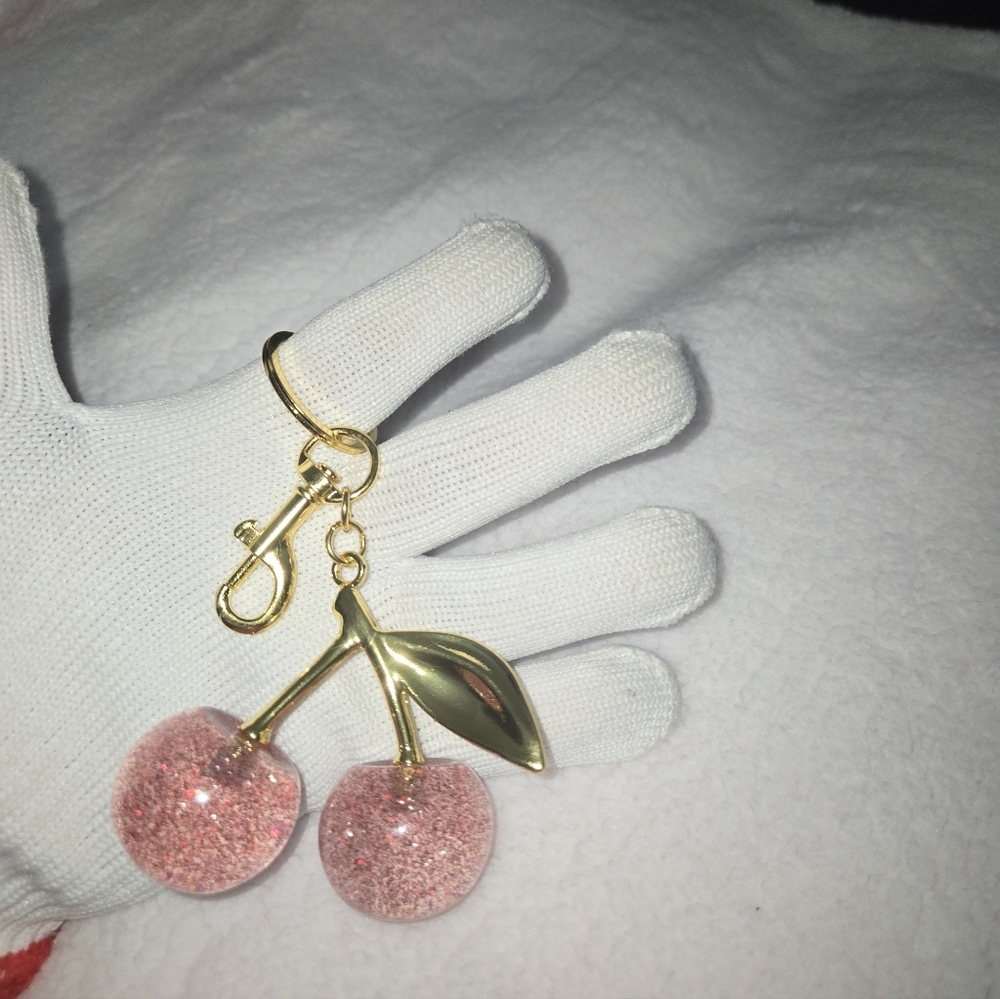 Pink Glitter Cherry Keychain